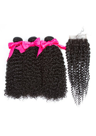 HairYouGo 7A Grade Indian Virgin <em>Human</em> Hair Kinky Curly 4*4 Closure with 3 Kinky Curly hair bundles