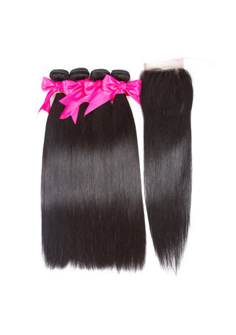 HairYouGo 7A Grade Indian Virgin Human Hair Straight 4*4 Closure with 3 straight hair <em>bundles</em> 1b