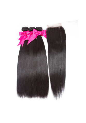 HairYouGo 7A Grade Malaysian <em>Virgin</em> Human Hair Straight 4*4 Closure with 3 straight hair bundles 1b