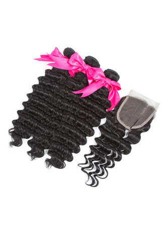 HairYouGo 7A Grade Peruvian Virgin Human <em>Hair</em> Deep Wave 4*4 Closure with 3 Deep Wave <em>bundles</em>