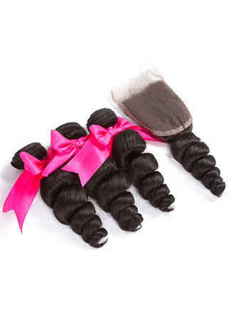 HairYouGo 7A Grade Peruvian Virgin Human <em>Hair</em> Loose Wave 4*4 Closure with Loose wave <em>hair</em> <em>bundles</em>