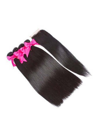 HairYouGo 7A Grade Peruvian Virgin Human <em>Hair</em> Straight 4*4 Closure with 3 <em>bundles</em> 1b