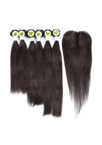 HairYouGo 7A Grade Indian Virgin Human Hair Straight 6 <em>Bundles</em> with Closure #1B Nature Color 100