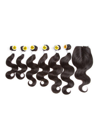 HairYouGo 7A Grade Malaisienne Vergin Cheveux Humains Vague de Corps 6 Bundles avec Fermeture # 1B Nature Couleur 100g / pc