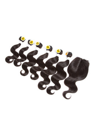 HairYouGo 7A Grade Peruvian Virgin Human Hair Body Wave 6 Bundles with Closure #1B Nature <em>Color</em> 100