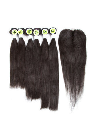 HairYouGo 8A Grade Brazilian Virgin Remy Human Hair Straight 6 Bundles with Closure #1B Nature Color 100g/pc