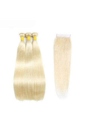 HairYouGo Brazilian Straight Hair #613 Blonde 3 Bundles With Lace Closure 4Pcs Lot Non-Remy Hair Free Shipping