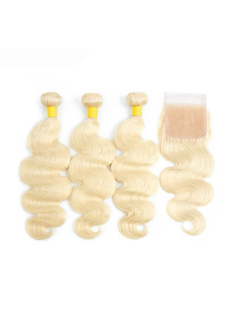 HairYouGo <em>Hair</em> <em>Brazilian</em> Blonde Virgin <em>Hair</em> With Closure 3 Bundles With 4*4 Lace Closure non remy