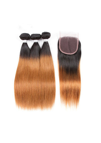 HairYouGo  Non-Remy Straight Hair Pre-Colored T1B/30 Human Hair 3 <em>Bundles</em> With Closure Free