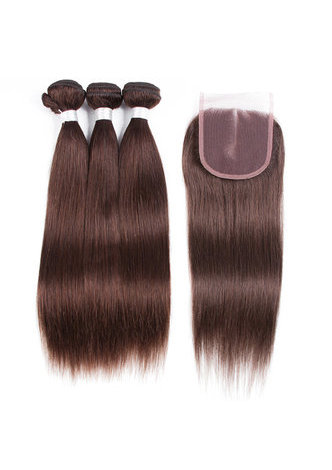 HairYouGo Non-Remy Hair Pre-Colored Straight Wave Bundles #4 <em>Human</em> Hair Bundles With Closure Free