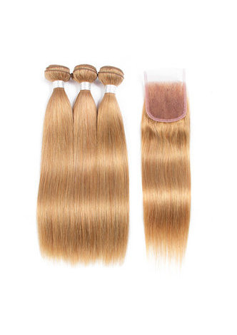 HairYouGo Non-Remy Hair Straight Wave Bundles With Closure #27 Pre-Colored <em>Human</em> Hair Bundles