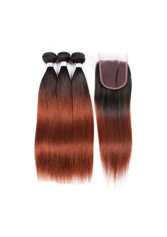 HairYouGo Non-Remy Straight <em>Hair</em> Wave Bundles Pre-Colored T1B/33 Human <em>Hair</em> Bundles With Closure