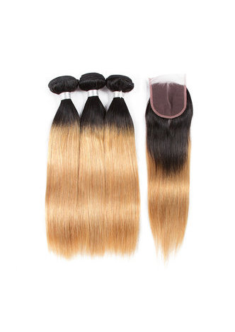 HairYouGo Non-Remy Straight Wave Bundles With Closure Pre-Colored T1B/27 <em>Human</em> Hair In Extension