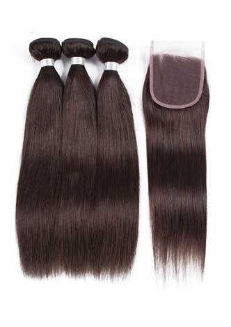 HairYouGo Pre-Colored <em>Straight</em> Wave Bundles With Closure Non-Remy #2 Human Hair In Extension Free